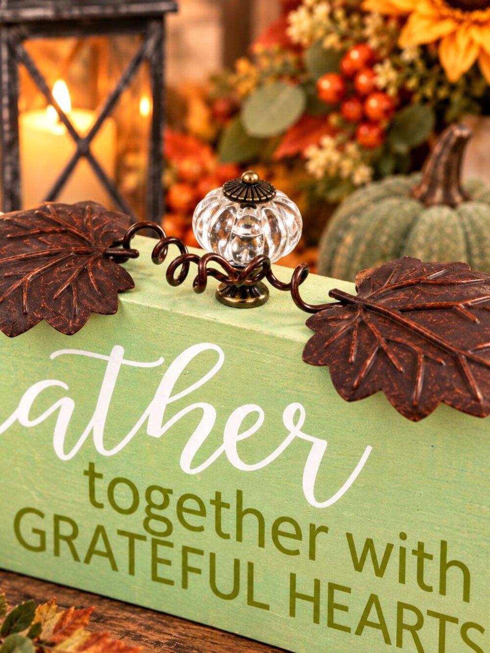 Gather Together Wood Sign Metal Leaves Crystal Accent Fall Thanksgiving Décor - Picture 2 of 3